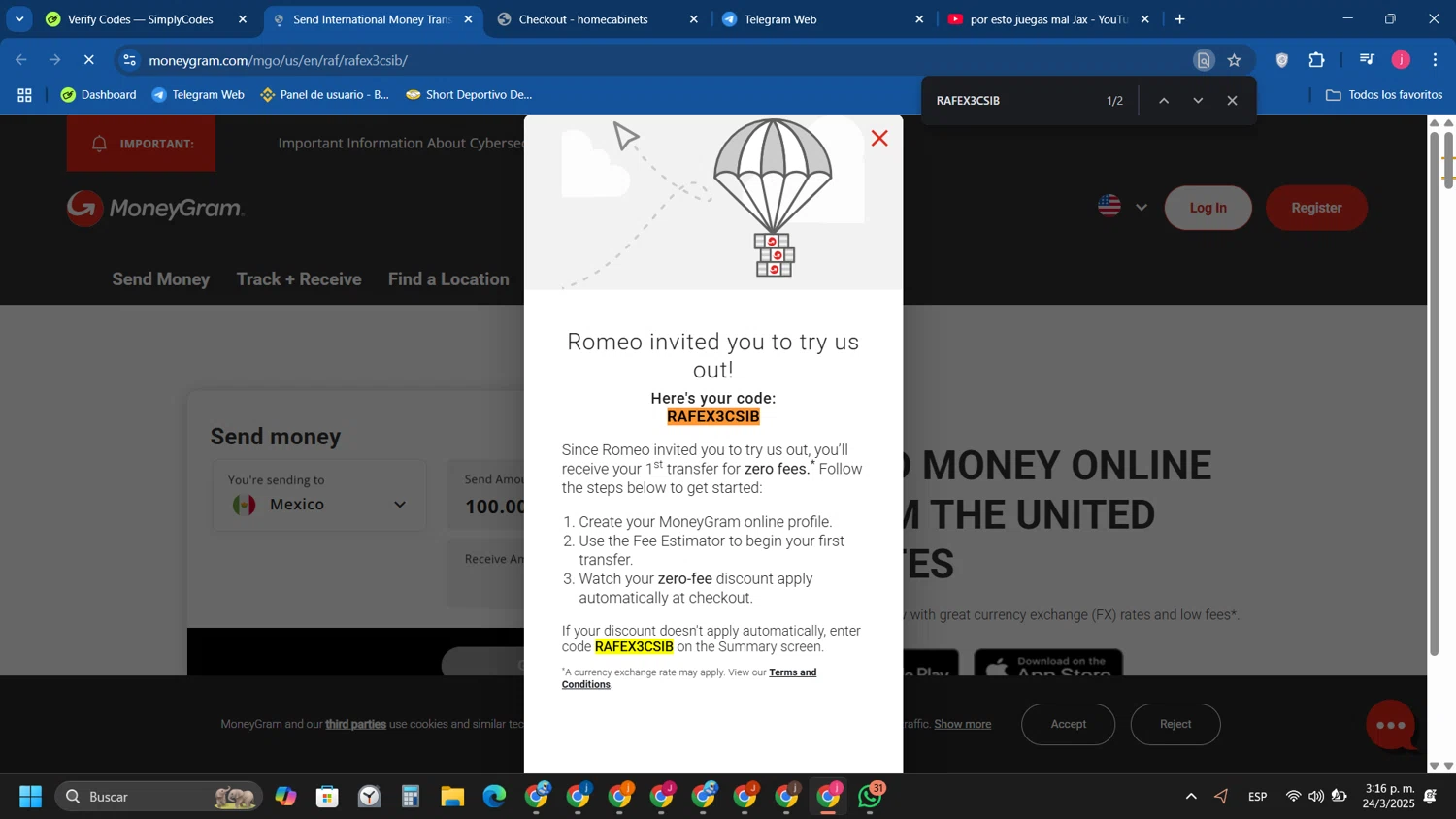 MoneyGram checkout page showing MoneyGram promo code box | Screenshot taken by SimplyCodes community member on Mar 24, 2025