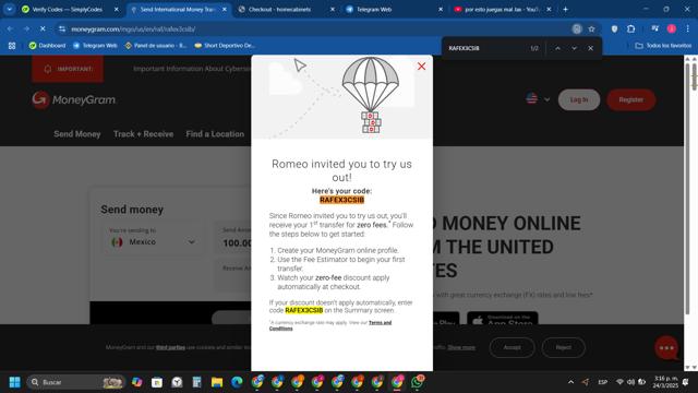 MoneyGram checkout page showing MoneyGram promo code box | Screenshot taken by SimplyCodes community member on Mar 24, 2025