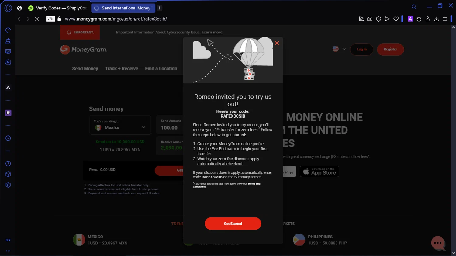 MoneyGram checkout page showing MoneyGram promo code box | Screenshot taken by SimplyCodes community member on Feb 26, 2025