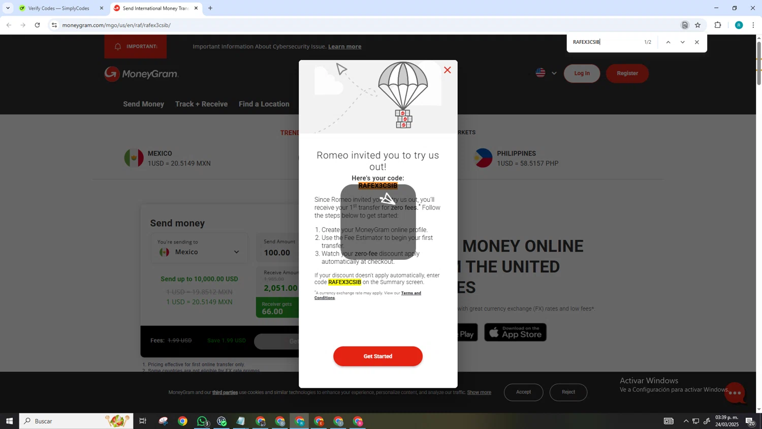 MoneyGram checkout page showing MoneyGram promo code box | Screenshot taken by SimplyCodes community member on Mar 24, 2025