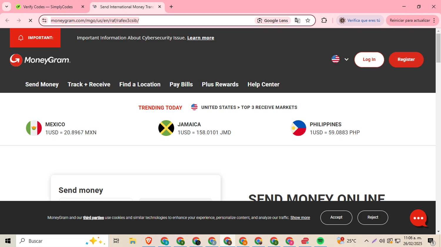 MoneyGram checkout page showing MoneyGram promo code box | Screenshot taken by SimplyCodes community member on Feb 26, 2025