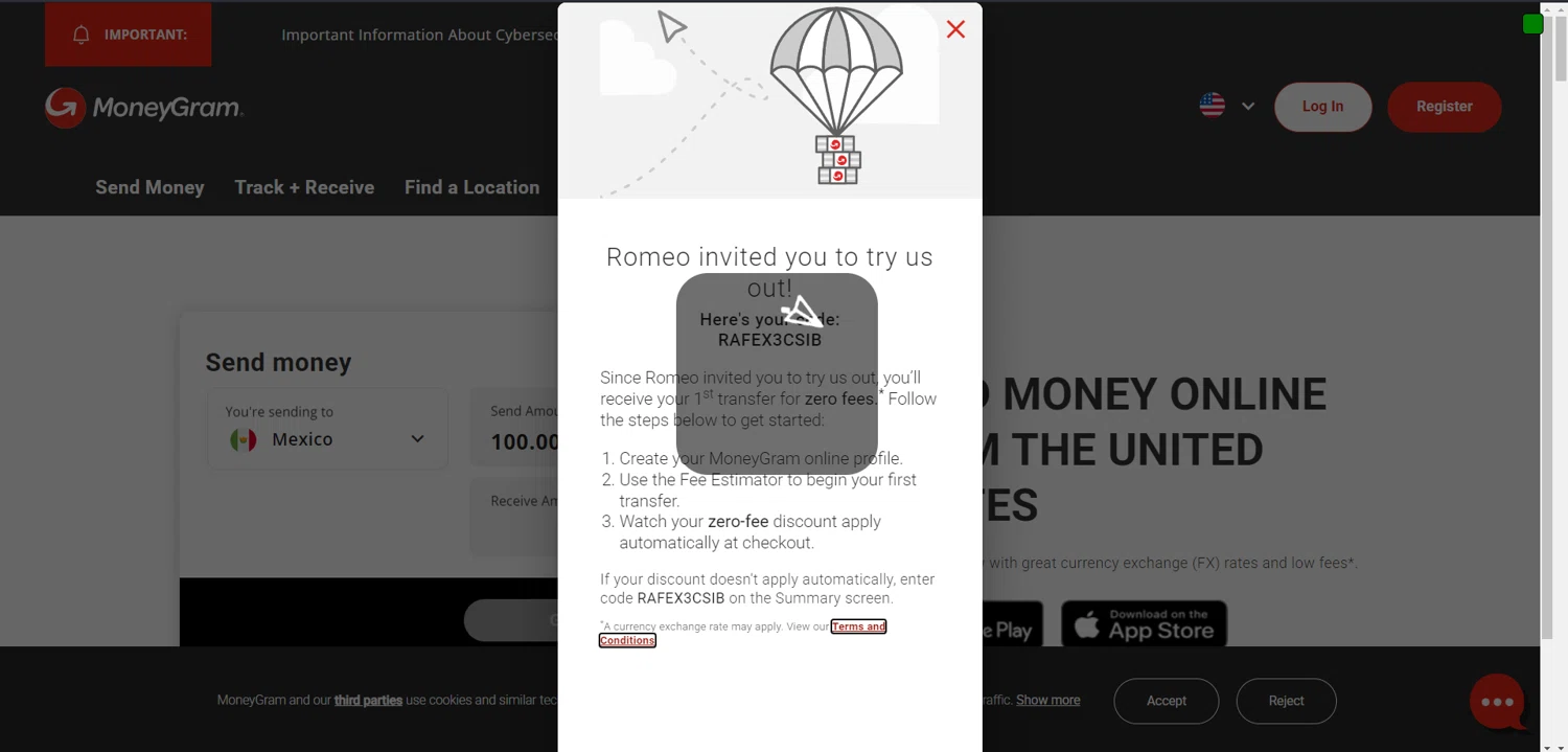 MoneyGram checkout page showing MoneyGram promo code box | Screenshot taken by SimplyCodes community member on Mar 20, 2025