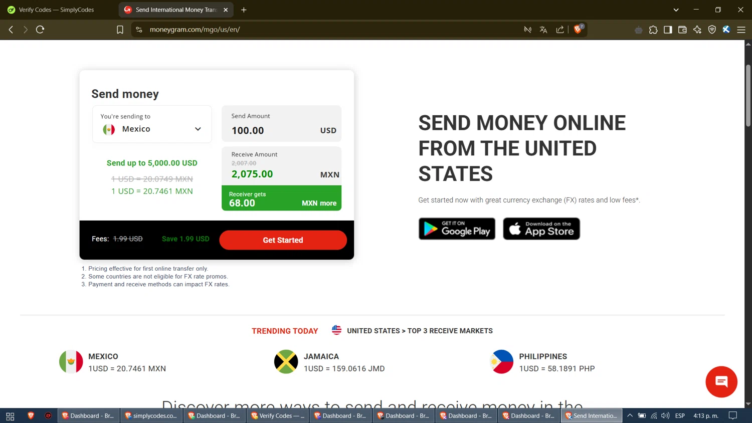MoneyGram promo code screenshot showing code RAFEX3CSIB applied at MoneyGram checkout page. Uploaded by SimplyCodes community member monito on Apr 12, 2025