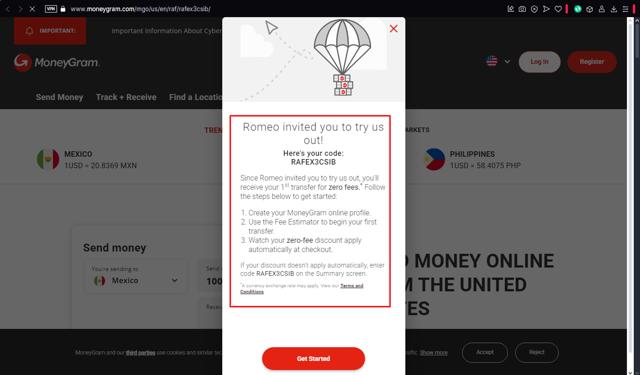 MoneyGram checkout page showing MoneyGram promo code box | Screenshot taken by SimplyCodes community member on Apr 3, 2025