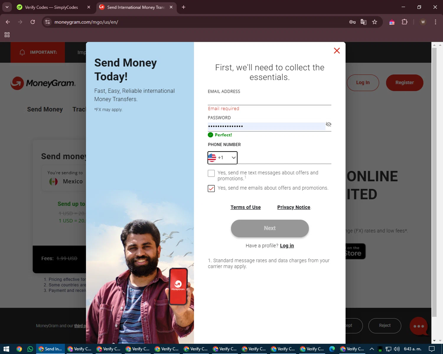 MoneyGram promo code screenshot showing code BONUS applied at MoneyGram checkout page. Uploaded by SimplyCodes community member DealMaestro2101 on Mar 3, 2025