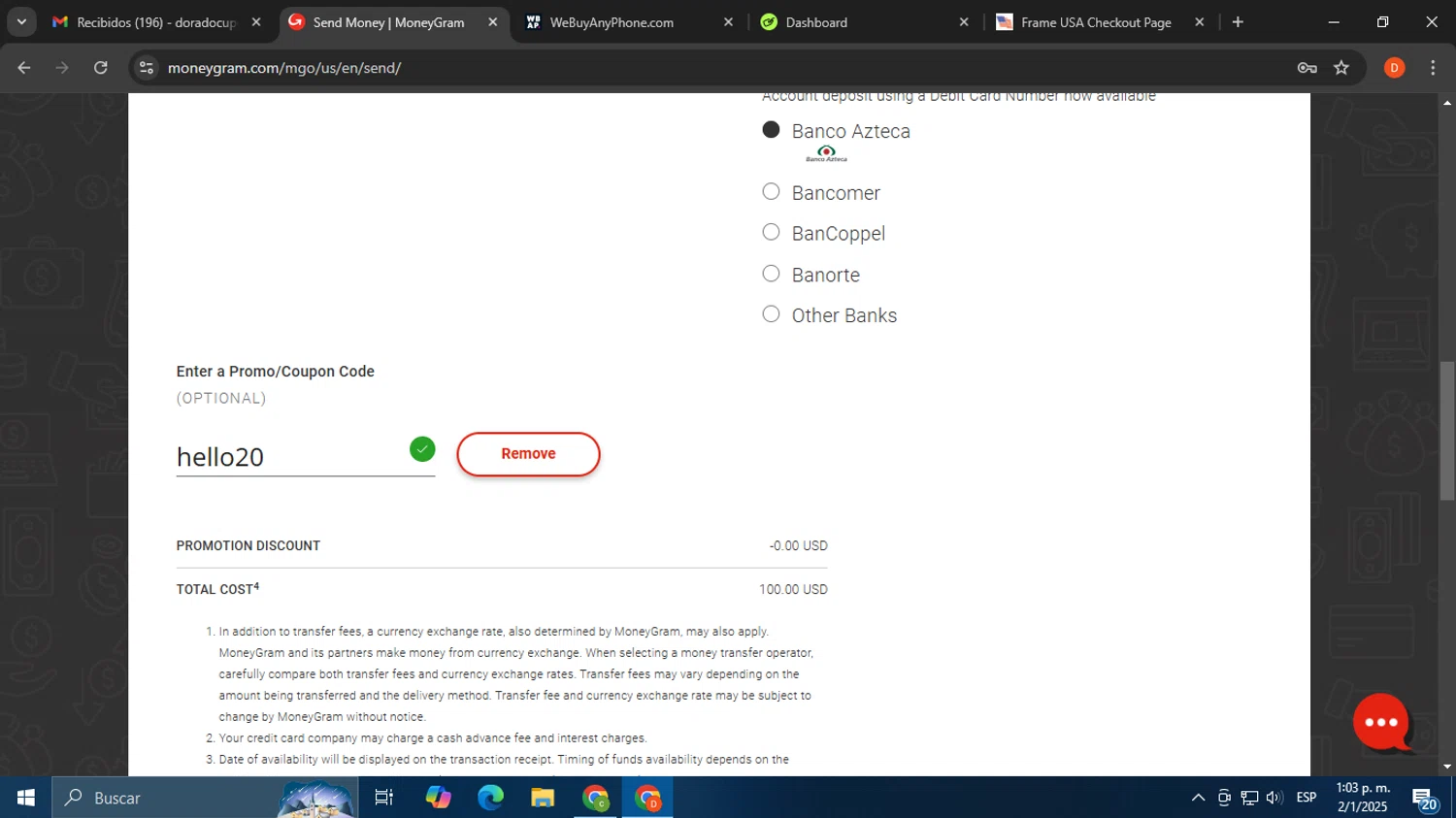 MoneyGram promo code screenshot showing code hello20 applied at MoneyGram checkout page. Uploaded by SimplyCodes community member Mdeoca on Jan 2, 2025