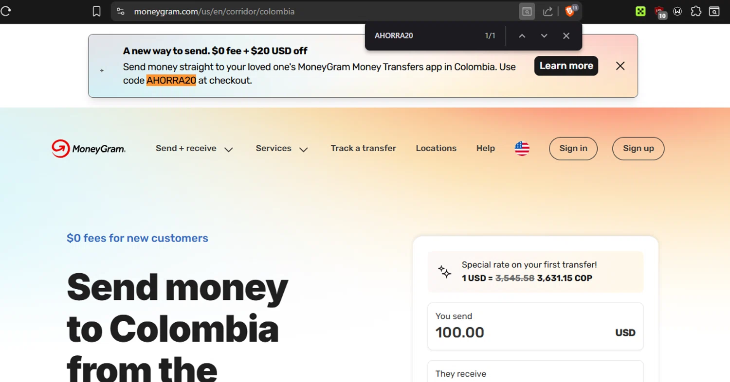 Verification screenshot for $20 Off Money Transfers App in Colombia (minimum Order $100) at MoneyGram - 29d ago