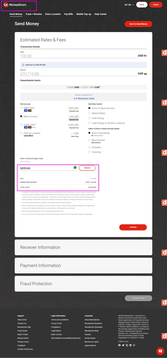 MoneyGram promo code screenshot showing code MIRIAN applied at MoneyGram checkout page. Uploaded by SimplyCodes community member mrdarcy on Jan 15, 2026