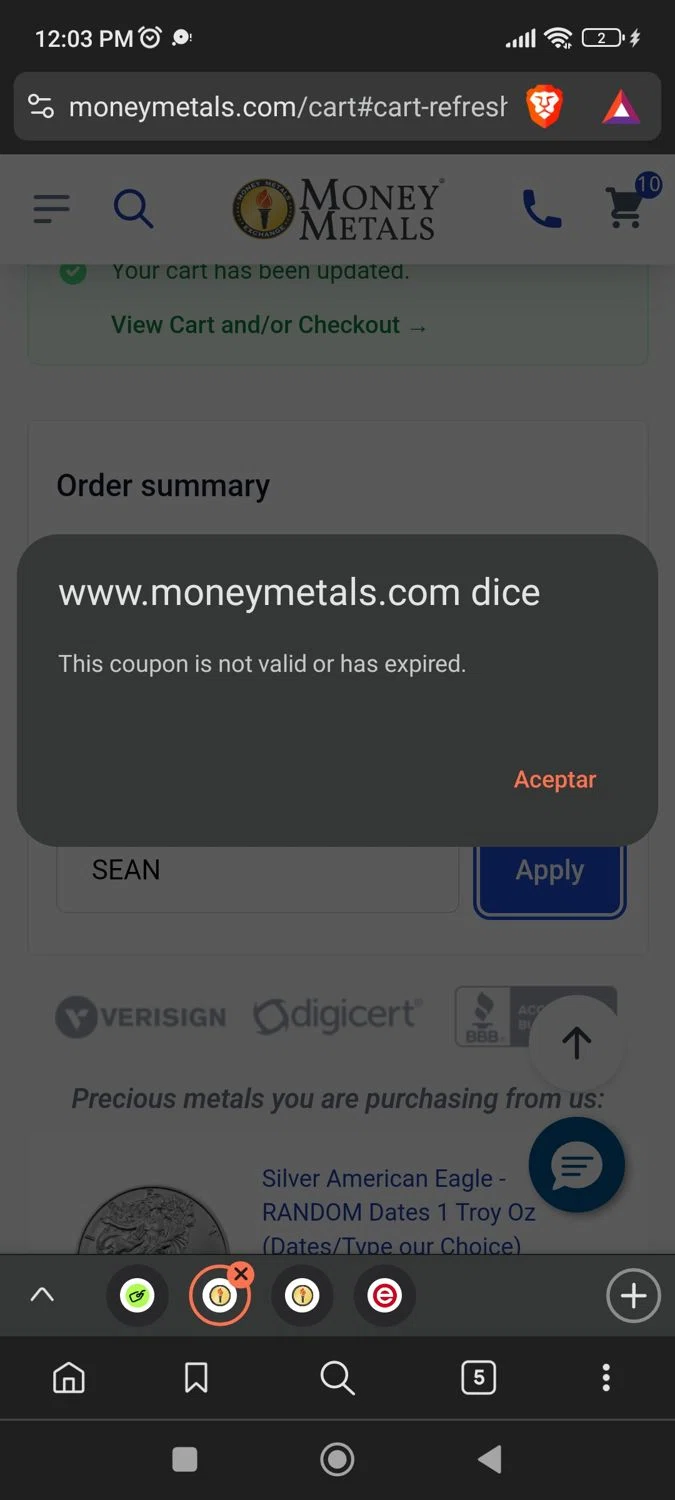 Money Metals Exchange promo code screenshot showing code SEAN applied at Money Metals Exchange checkout page. Uploaded by SimplyCodes community member BargainPioneer8286 on Feb 21, 2025