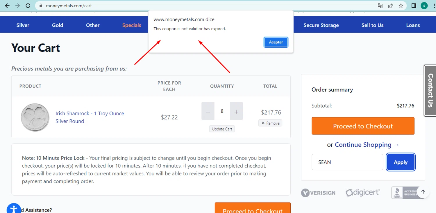 Money Metals Exchange checkout page showing Money Metals Exchange promo code box | Screenshot taken by SimplyCodes community member on Nov 8, 2023