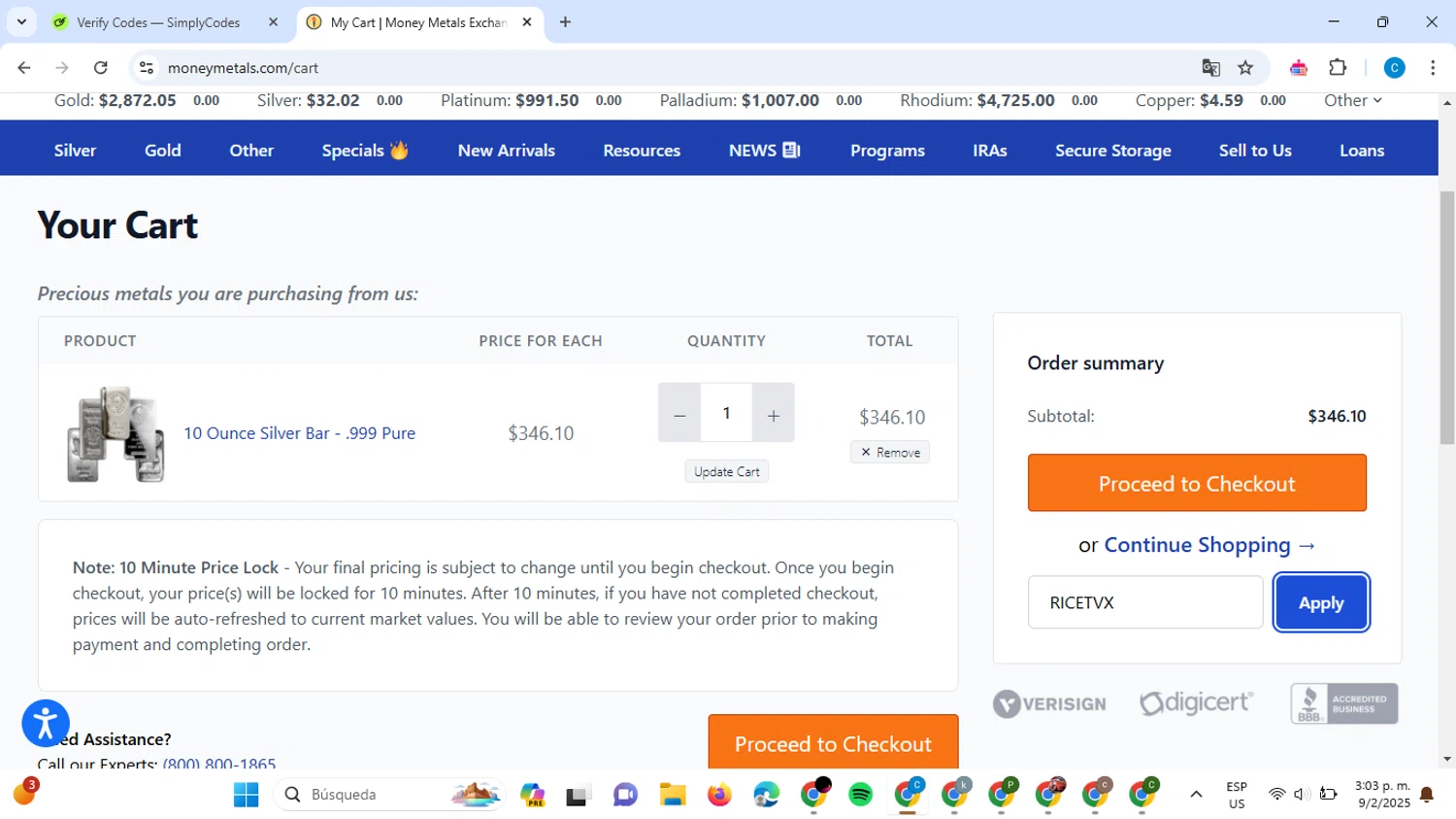 Money Metals Exchange promo code screenshot showing code RICETVX applied at Money Metals Exchange checkout page. Uploaded by SimplyCodes community member ScanAce2966 on Feb 9, 2025