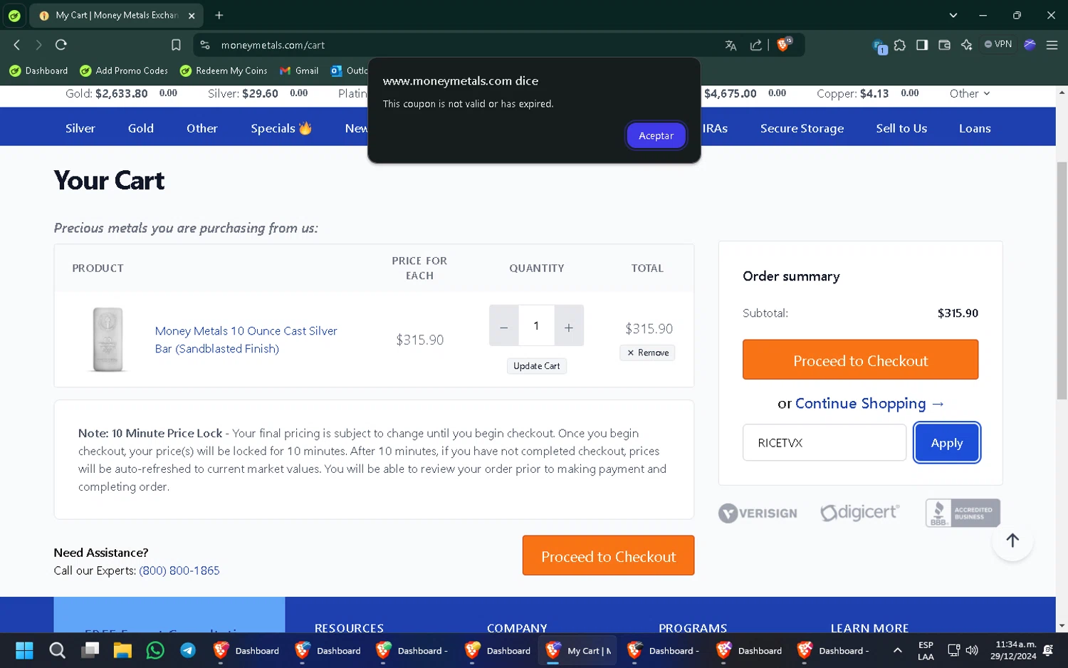 Money Metals Exchange promo code screenshot showing code RICETVX applied at Money Metals Exchange checkout page. Uploaded by SimplyCodes community member WiseMaven8994 on Dec 29, 2024