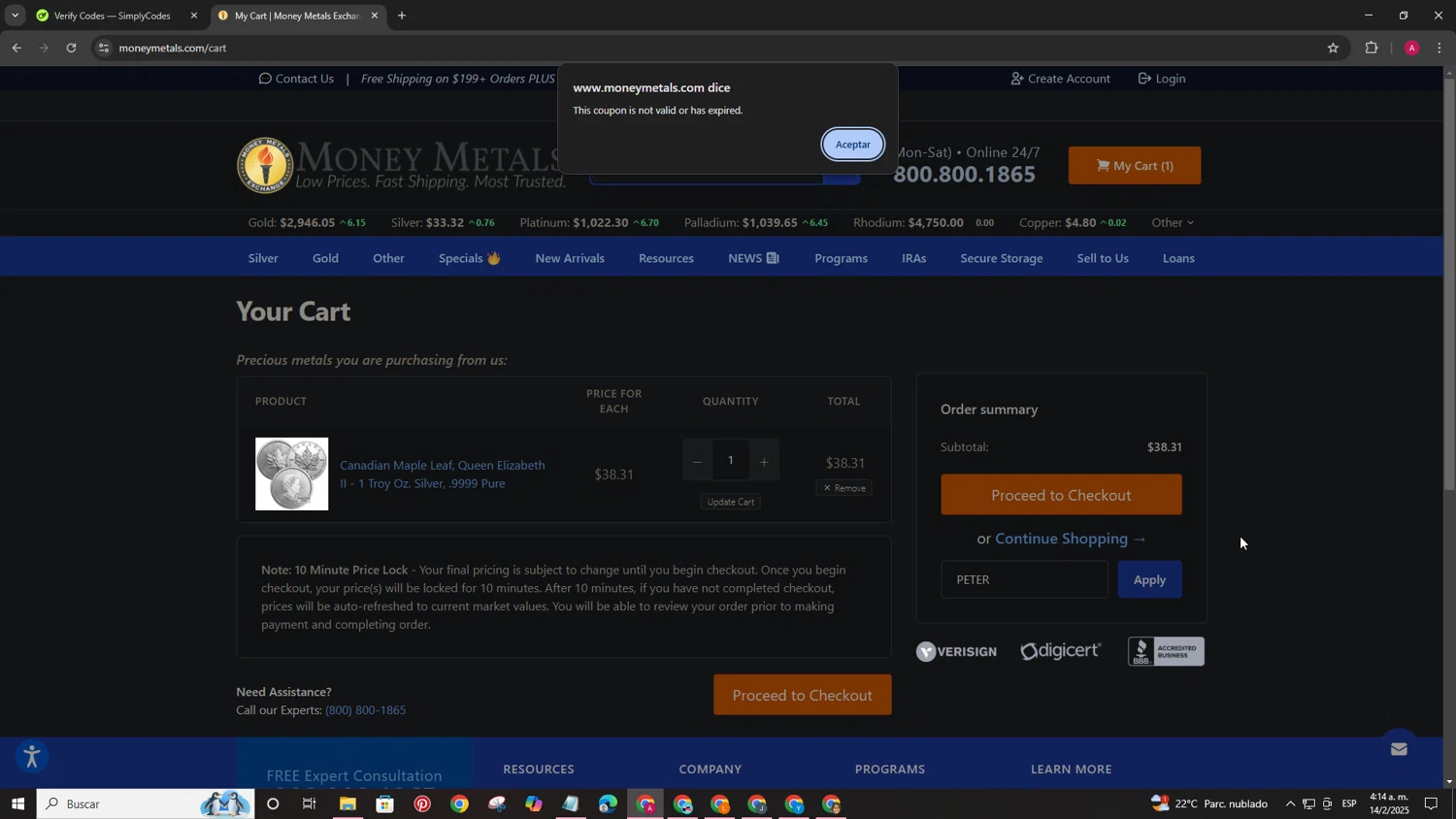 Money Metals Exchange promo code screenshot showing code PETER applied at Money Metals Exchange checkout page. Uploaded by SimplyCodes community member CoinPhoenix8688 on Feb 14, 2025