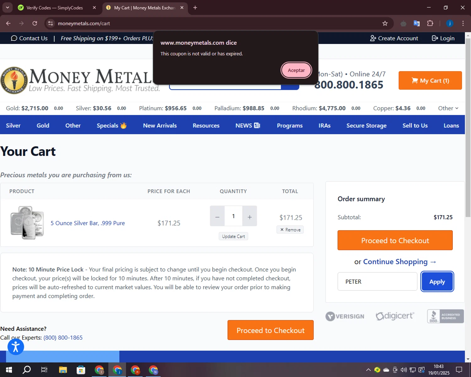Money Metals Exchange promo code screenshot showing code PETER applied at Money Metals Exchange checkout page. Uploaded by SimplyCodes community member CashLegend3767 on Jan 19, 2025