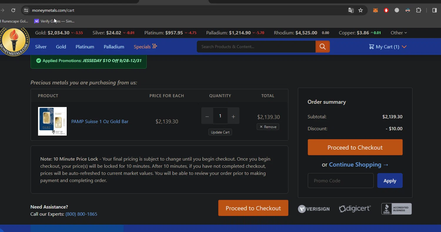 Money Metals Exchange checkout page showing Money Metals Exchange promo code box | Screenshot taken by SimplyCodes community member on Dec 19, 2023