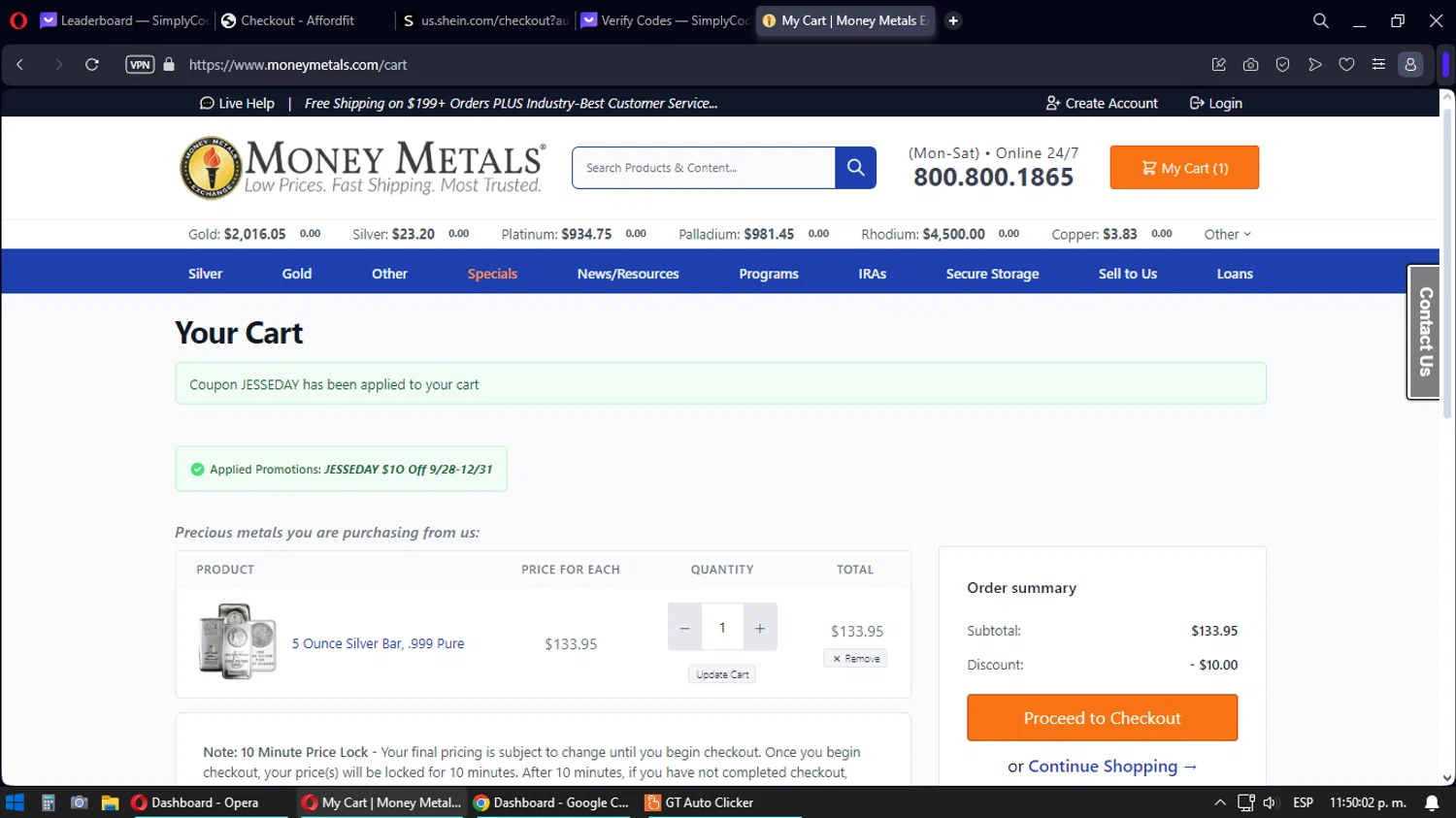 Money Metals Exchange checkout page showing Money Metals Exchange promo code box | Screenshot taken by SimplyCodes community member on Dec 10, 2023