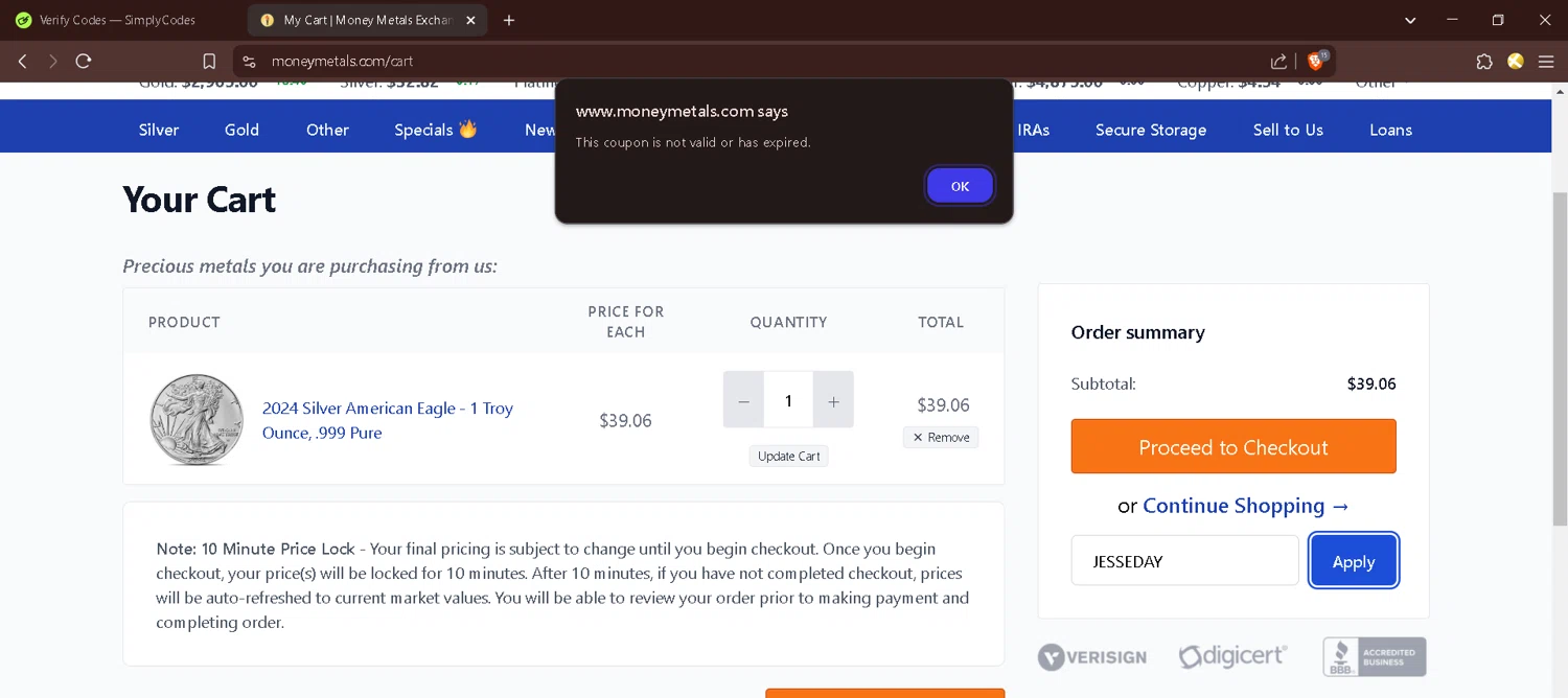Money Metals Exchange promo code screenshot showing code JESSEDAY applied at Money Metals Exchange checkout page. Uploaded by SimplyCodes community member BrilliantChaser4706 on Feb 24, 2025