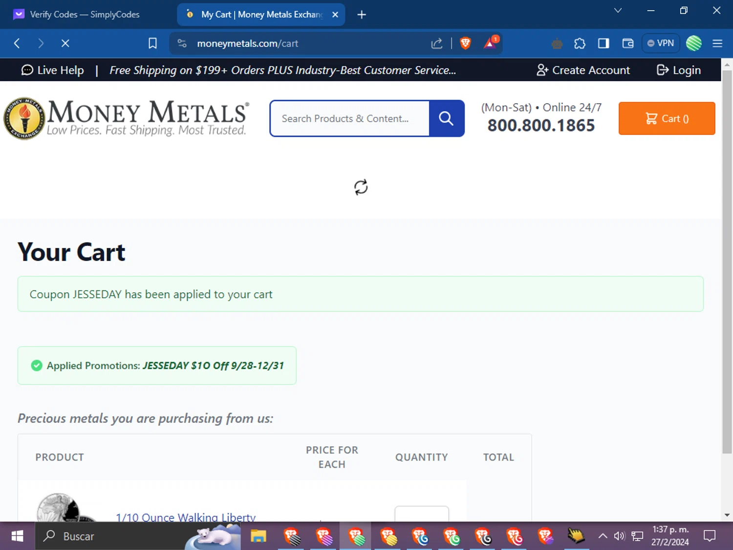 Money Metals Exchange checkout page showing Money Metals Exchange promo code box | Screenshot taken by SimplyCodes community member on Feb 27, 2024