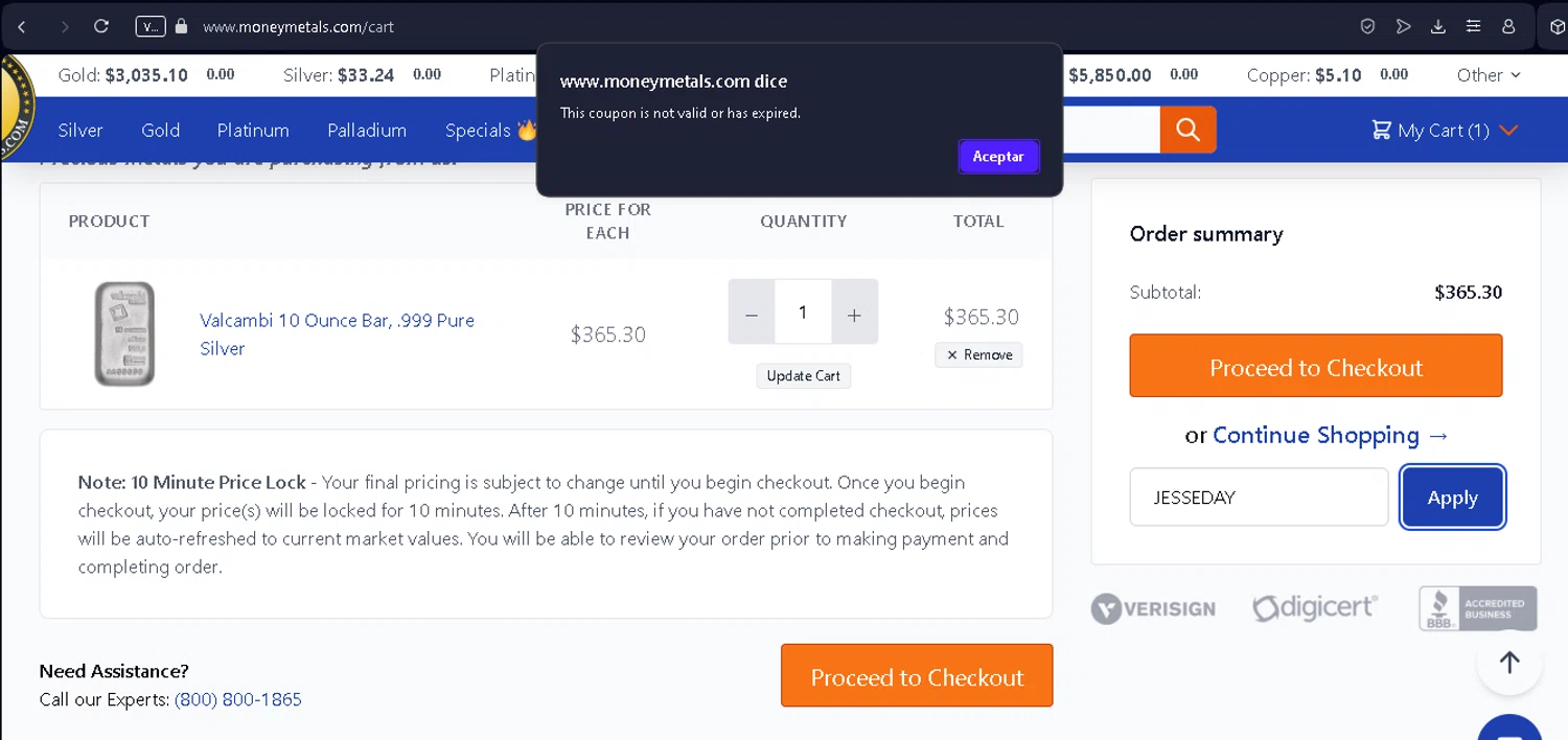 Money Metals Exchange promo code screenshot showing code JESSEDAY applied at Money Metals Exchange checkout page. Uploaded by SimplyCodes community member NobleSentinel8535 on Mar 23, 2025