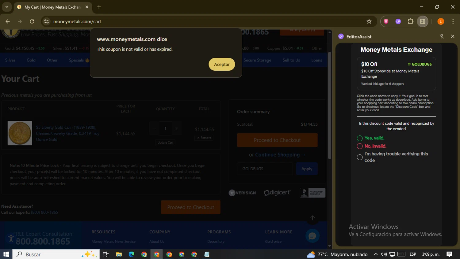 Money Metals Exchange promo code screenshot showing code GOLDBUGS applied at Money Metals Exchange checkout page. Uploaded by SimplyCodes community member PrimeCaptain3418 on Nov 25, 2025