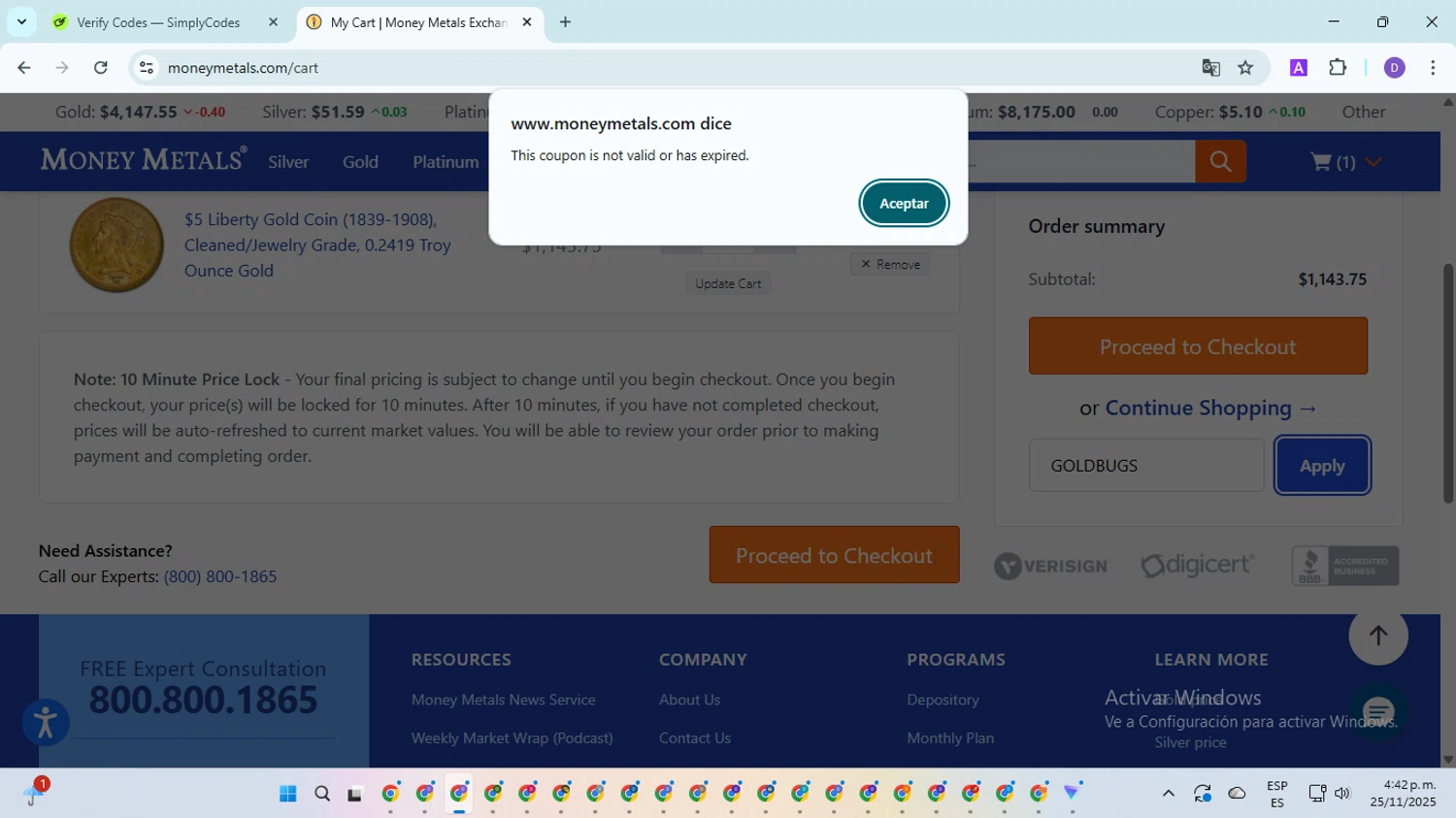 Money Metals Exchange promo code screenshot showing code GOLDBUGS applied at Money Metals Exchange checkout page. Uploaded by SimplyCodes community member SavingsGuardian5156 on Nov 25, 2025