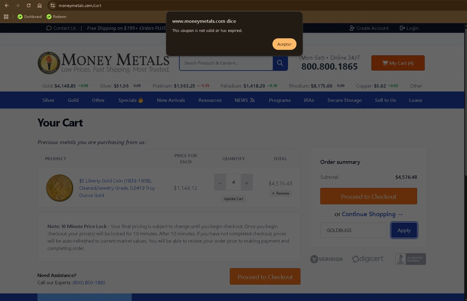 Money Metals Exchange promo code screenshot showing code GOLDBUGS applied at Money Metals Exchange checkout page. Uploaded by SimplyCodes community member auracrespo on Nov 25, 2025