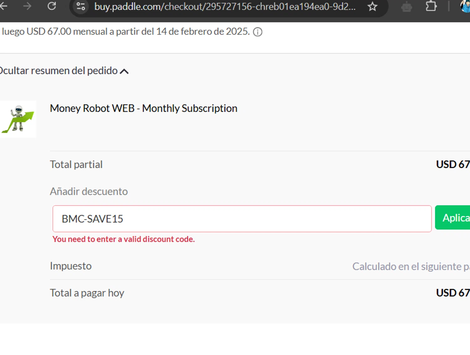 Money Robot discount code screenshot showing code BMC-SAVE15 applied at Money Robot checkout page. Uploaded by SimplyCodes community member RichterBelmont on Jan 14, 2025