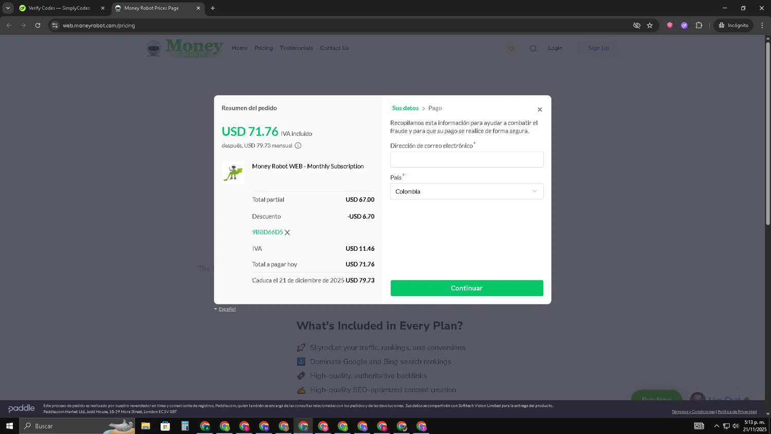 Money Robot discount code screenshot showing code 9B8D66D5 applied at Money Robot checkout page. Uploaded by SimplyCodes community member AVATIGRITO on Nov 21, 2025