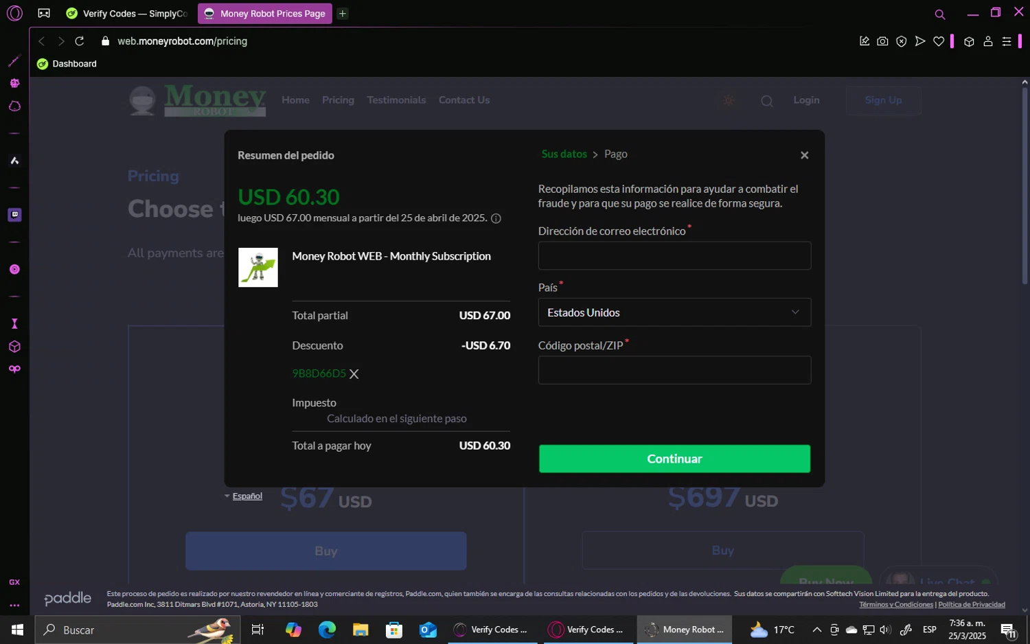 Money Robot checkout page showing Money Robot discount code box | Screenshot taken by SimplyCodes community member on Mar 25, 2025