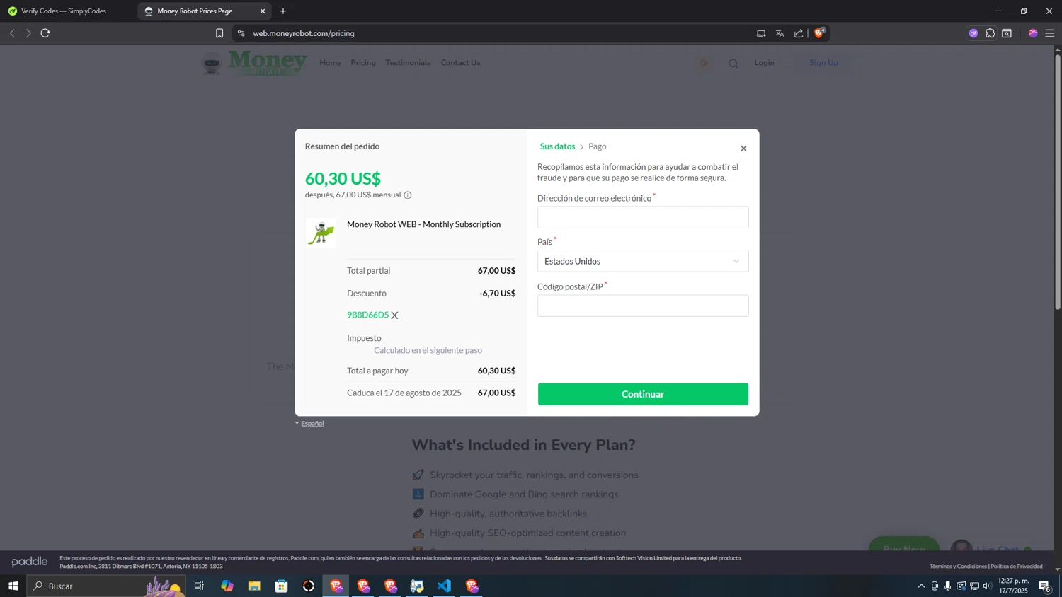 Money Robot checkout page showing Money Robot discount code box | Screenshot taken by SimplyCodes community member on Jul 17, 2025