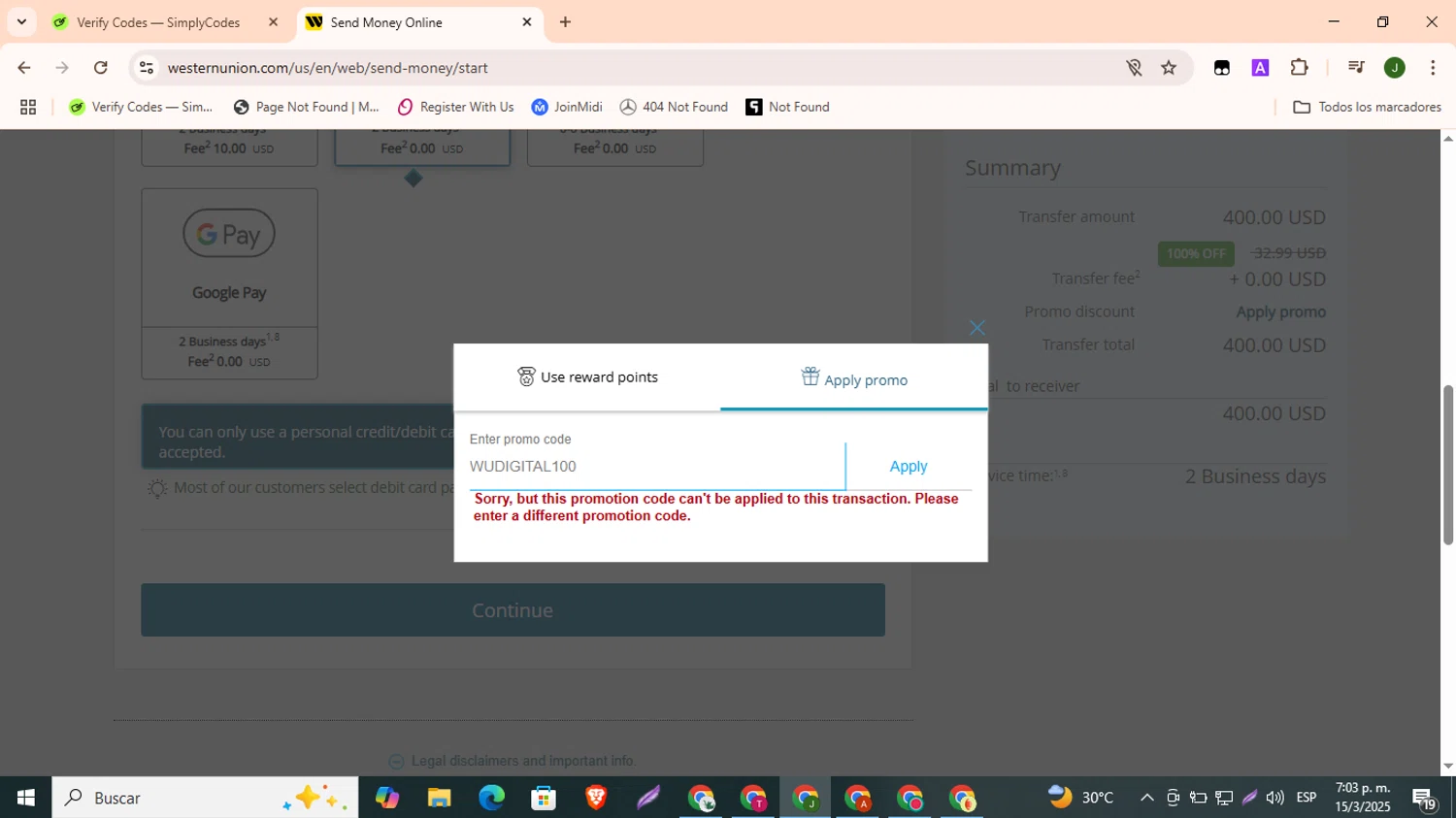 Western Union promo code screenshot showing code WUDIGITAL100 applied at Western Union checkout page. Uploaded by SimplyCodes community member CleverBoss9743 on Mar 15, 2025