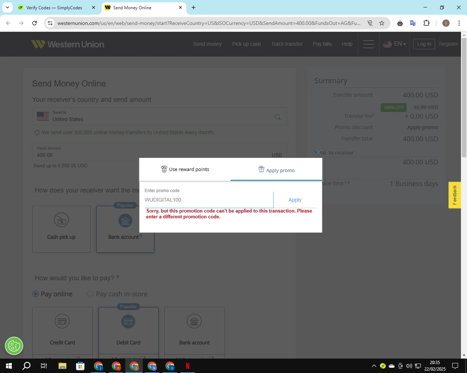 Western Union promo code screenshot showing code WUDIGITAL100 applied at Western Union checkout page. Uploaded by SimplyCodes community member CashSleuth106 on Feb 23, 2025
