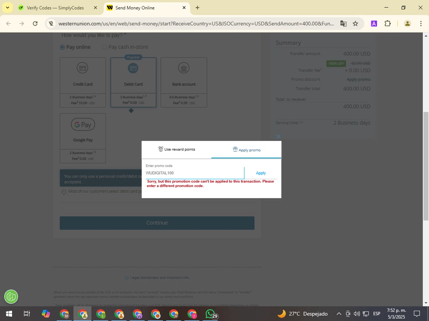 Western Union promo code screenshot showing code WUDIGITAL100 applied at Western Union checkout page. Uploaded by SimplyCodes community member NobleMonarch1787 on Mar 5, 2025