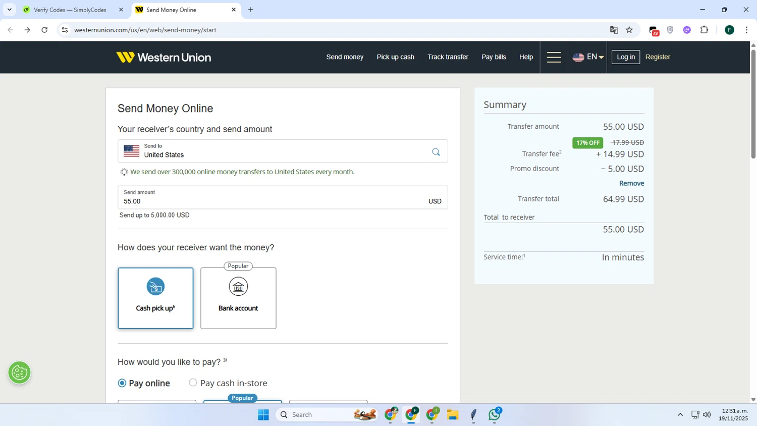Western Union promo code screenshot showing code L2636 applied at Western Union checkout page. Uploaded by SimplyCodes community member Juanse on Nov 19, 2025