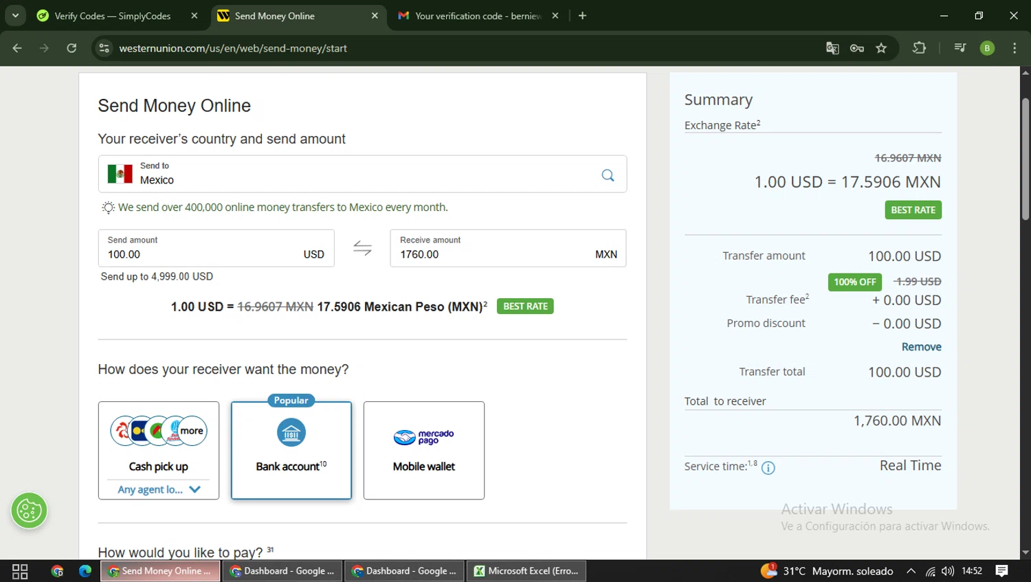 Western Union checkout page showing Western Union promo code box | Screenshot taken by SimplyCodes community member on Feb 6, 2026