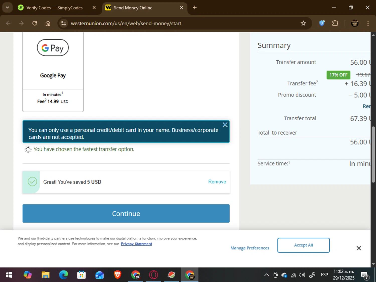 Western Union promo code screenshot showing code L2636 applied at Western Union checkout page. Uploaded by SimplyCodes community member abrahanv on Dec 29, 2025