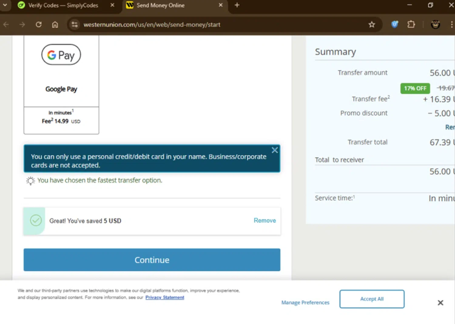 Western Union checkout page showing Western Union promo code box | Screenshot taken by SimplyCodes community member on Feb 2, 2026