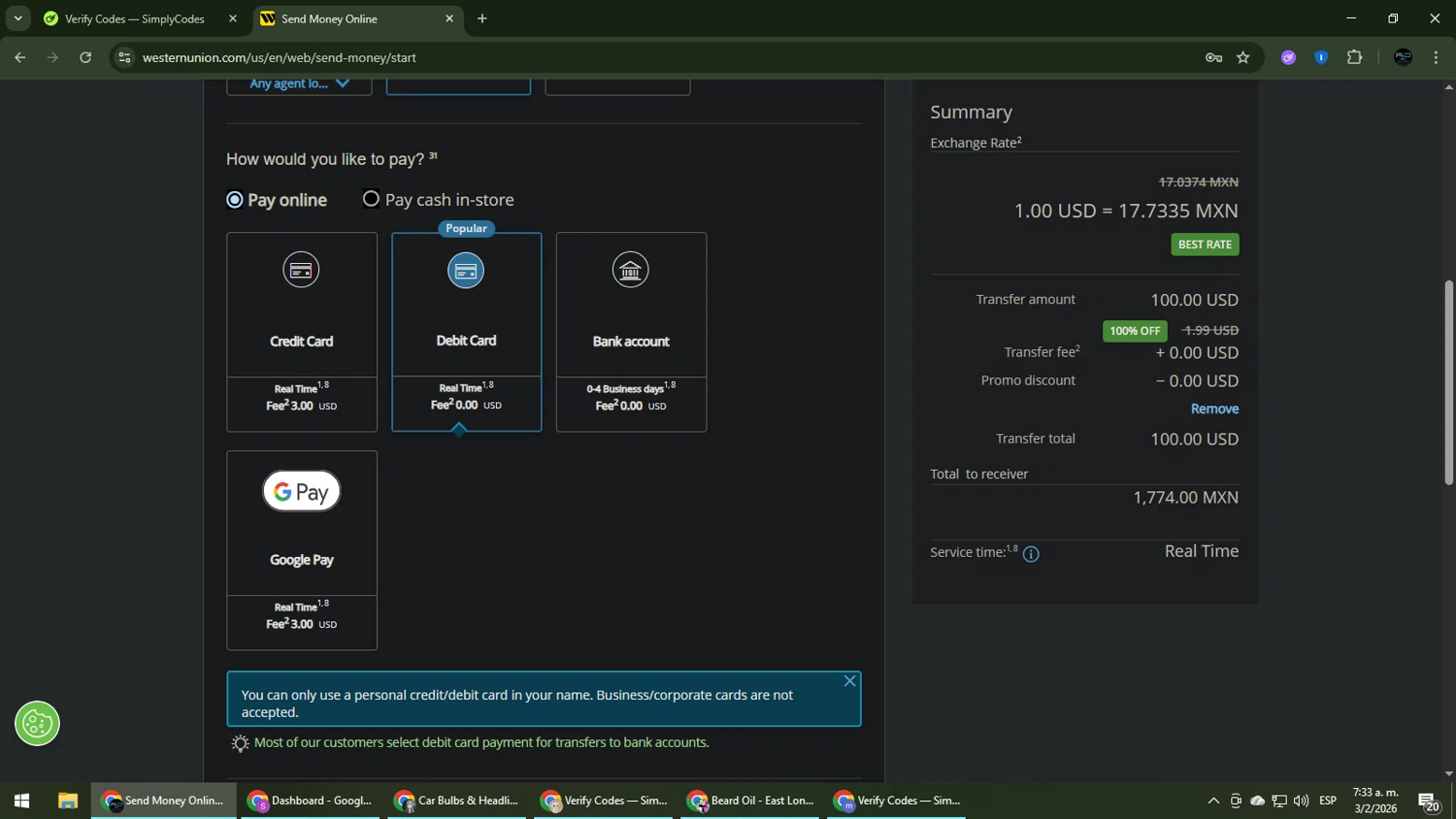 Western Union promo code screenshot showing code L2654 applied at Western Union checkout page. Uploaded by SimplyCodes community member CarmenVGR on Feb 3, 2026