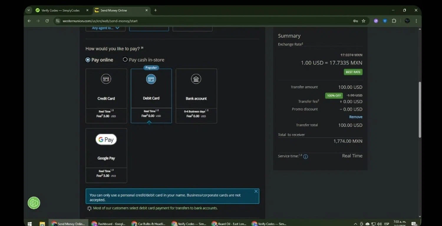 Western Union checkout page showing Western Union promo code box | Screenshot taken by SimplyCodes community member on Feb 8, 2026
