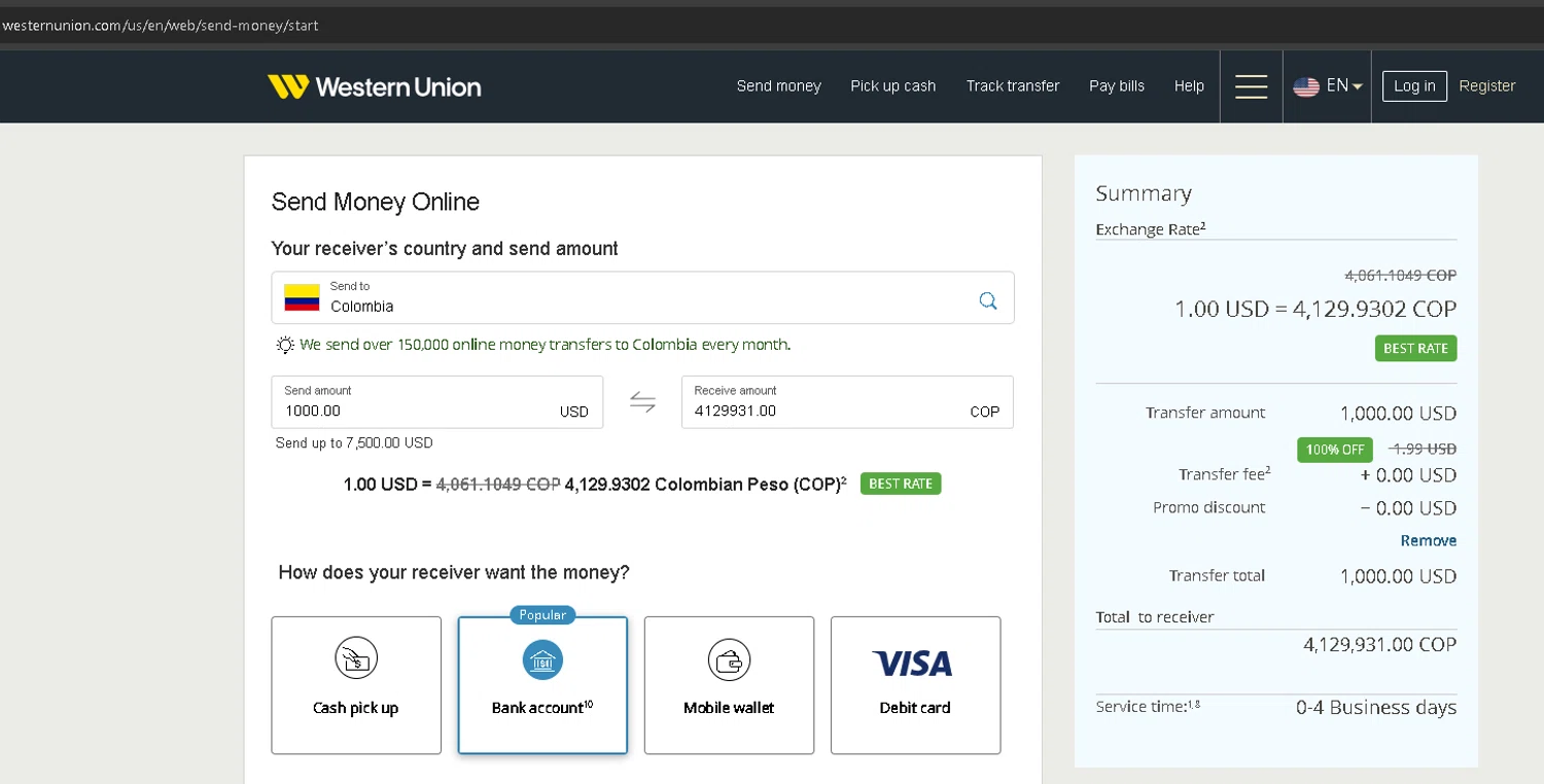 Western Union promo code screenshot showing code L2654 applied at Western Union checkout page. Uploaded by SimplyCodes community member anleo1225 on Mar 27, 2025