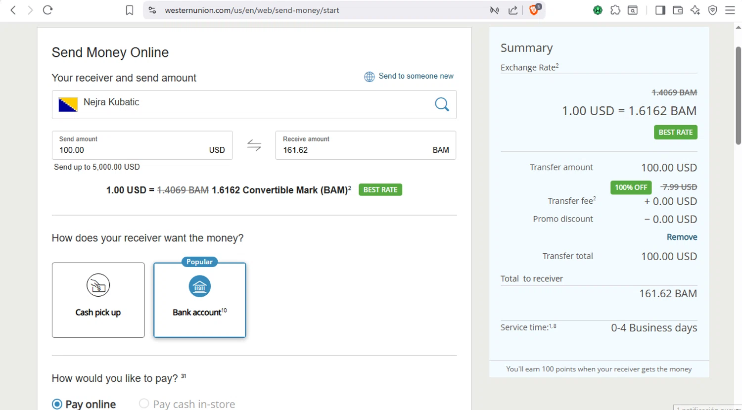 Western Union checkout page showing Western Union promo code box | Screenshot taken by SimplyCodes community member on Jan 30, 2026