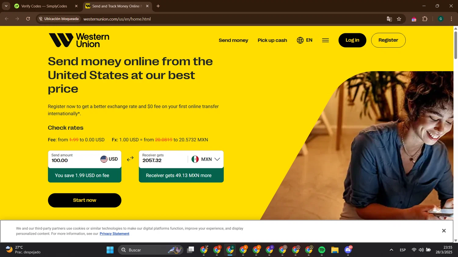 Western Union promo code screenshot showing code DISCOUNT10. applied at Western Union checkout page. Uploaded by SimplyCodes community member ThriftyTitan786 on Mar 29, 2025