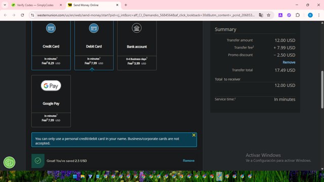 Western Union checkout page showing Western Union promo code box | Screenshot taken by SimplyCodes community member on Jul 30, 2025