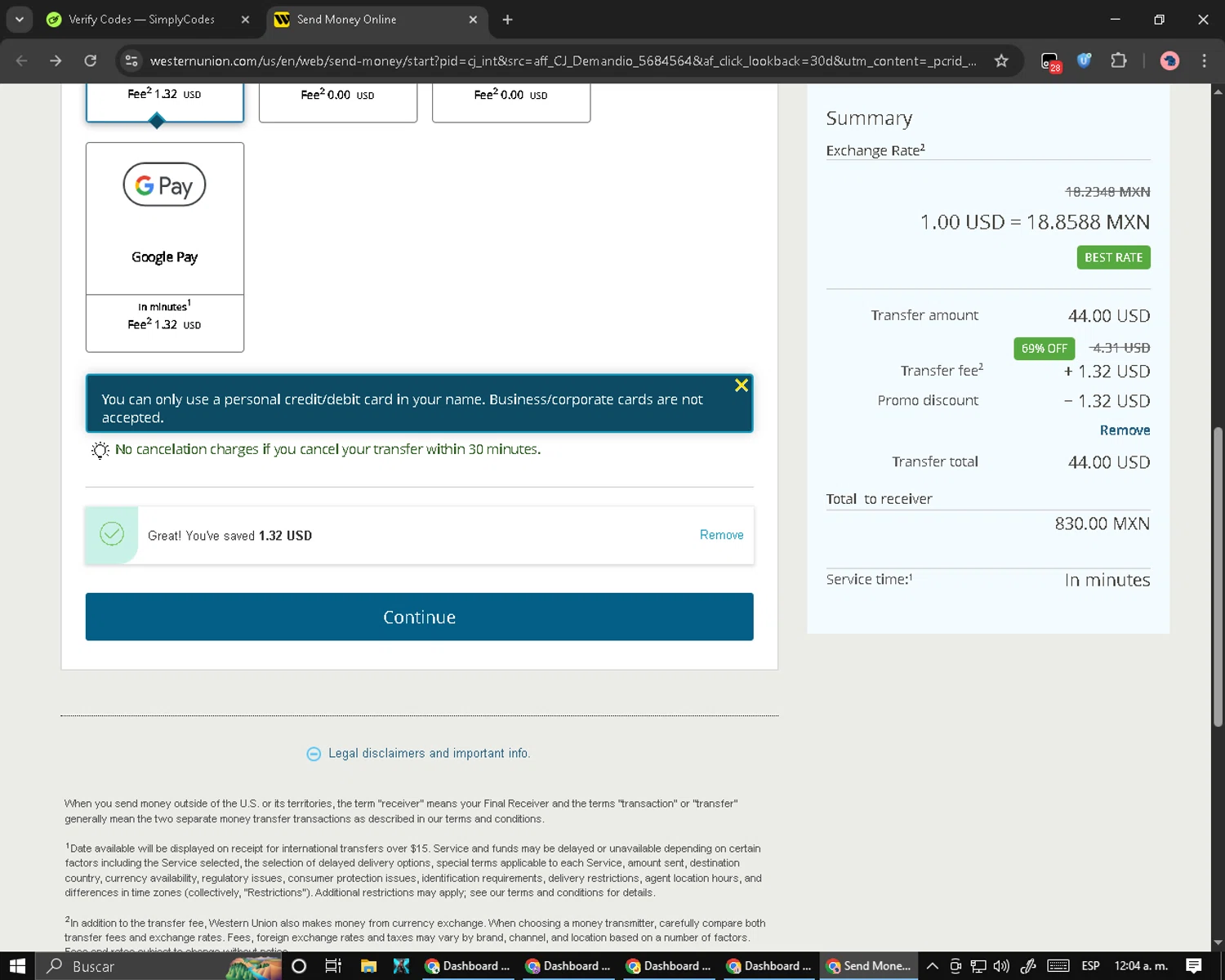 Western Union promo code screenshot showing code L2627 applied at Western Union checkout page. Uploaded by SimplyCodes community member Cynoxx on Aug 26, 2025
