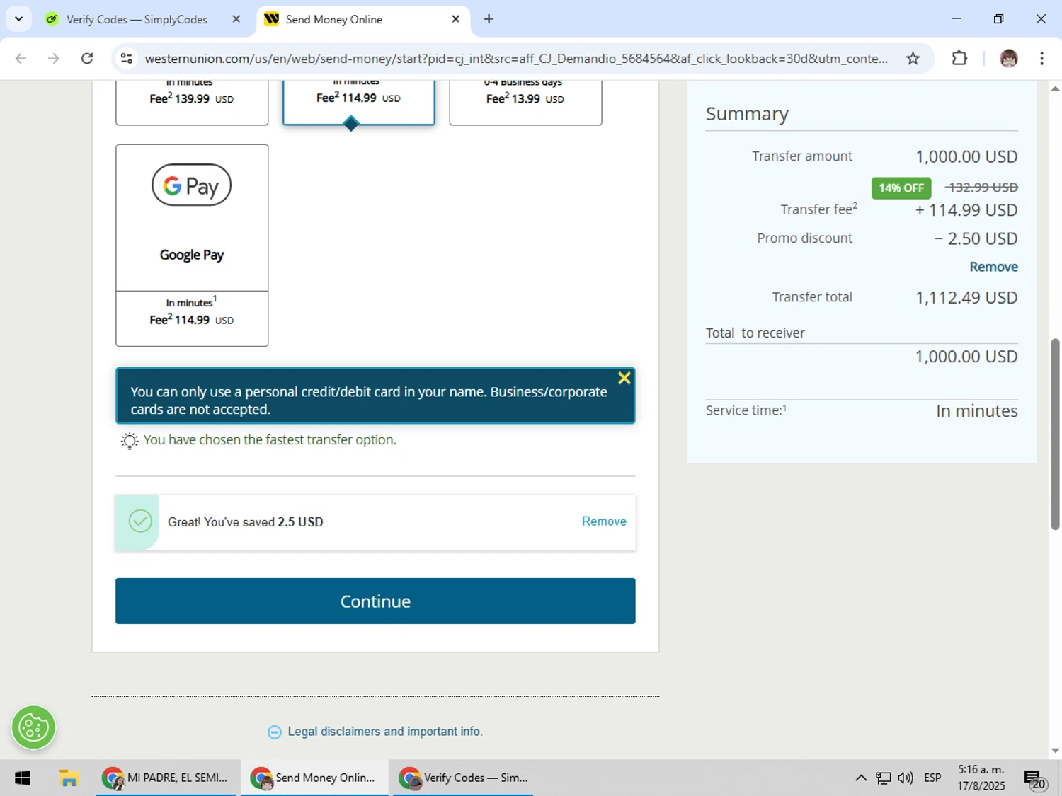 Western Union promo code screenshot showing code L2627 applied at Western Union checkout page. Uploaded by SimplyCodes community member Jepsii on Aug 17, 2025