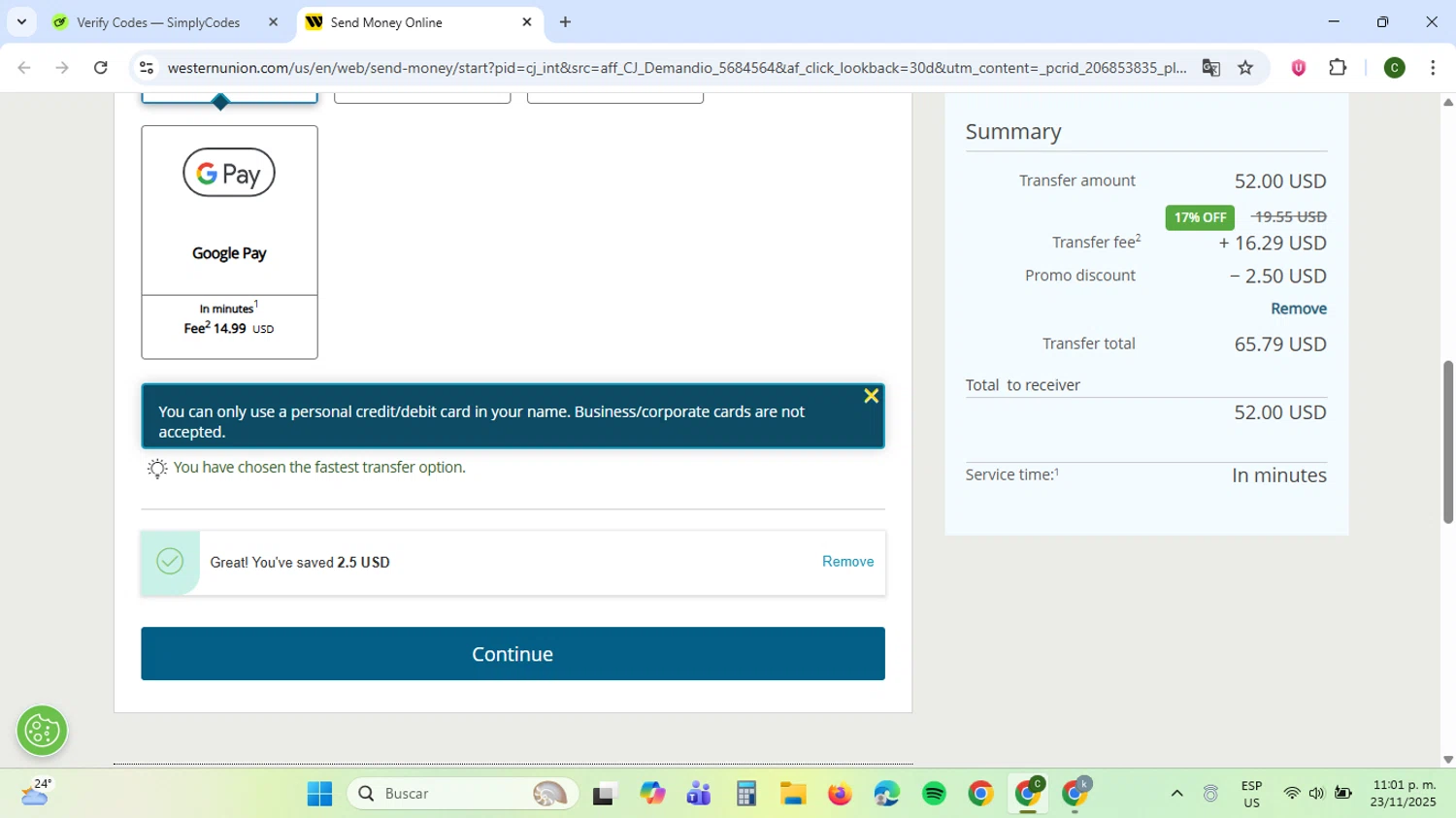 Western Union promo code screenshot showing code L2627 applied at Western Union checkout page. Uploaded by SimplyCodes community member VoucherBoss6971 on Nov 24, 2025