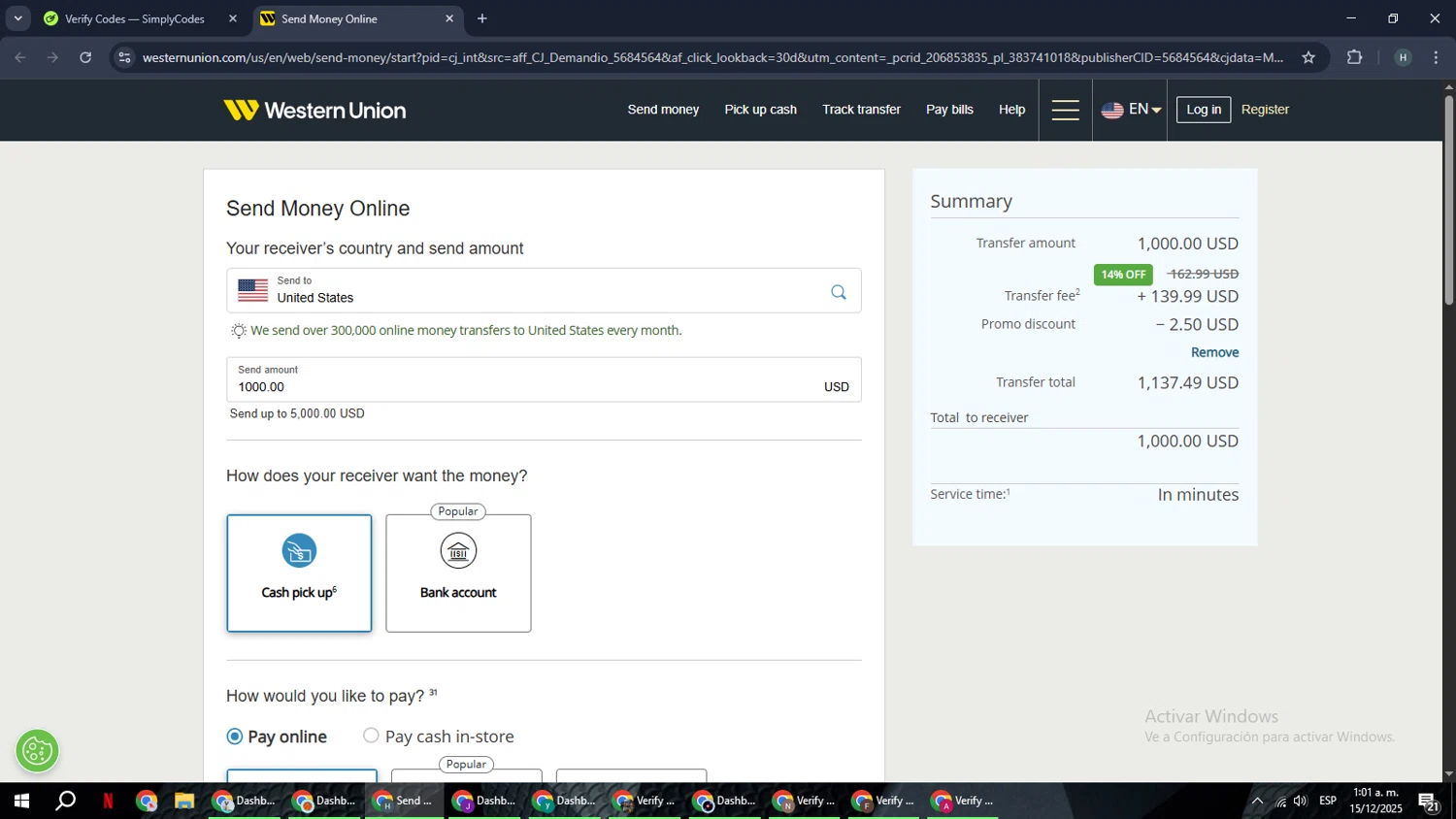 Western Union promo code screenshot showing code L2627 applied at Western Union checkout page. Uploaded by SimplyCodes community member YAMAHA on Dec 15, 2025