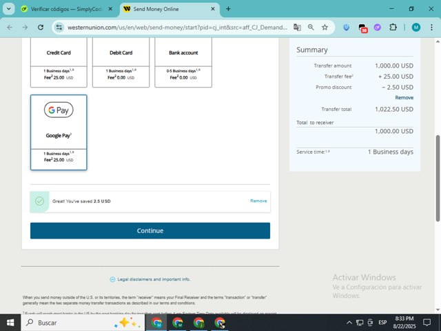 Western Union checkout page showing Western Union promo code box | Screenshot taken by SimplyCodes community member on Aug 23, 2025