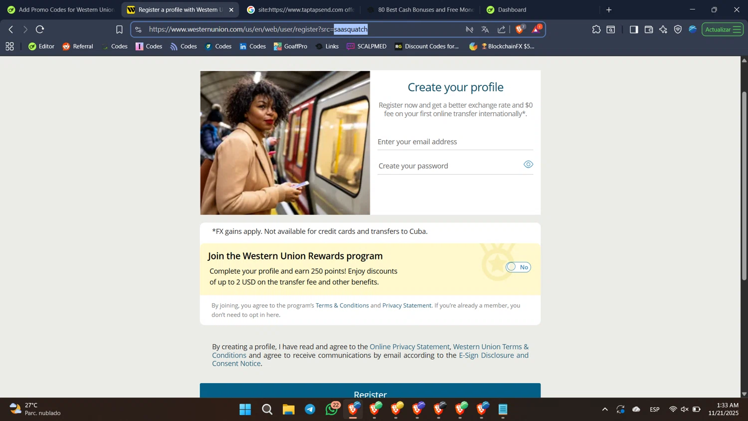 Western Union promo code screenshot showing code saasquatch applied at Western Union checkout page. Uploaded by SimplyCodes community member BabaYaga on Nov 21, 2025