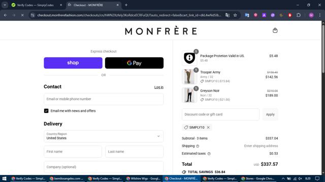 Monfrère checkout page showing Monfrère promo code box | Screenshot taken by SimplyCodes community member on Sep 3, 2025